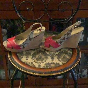 Tan and pink coach sling back heel.